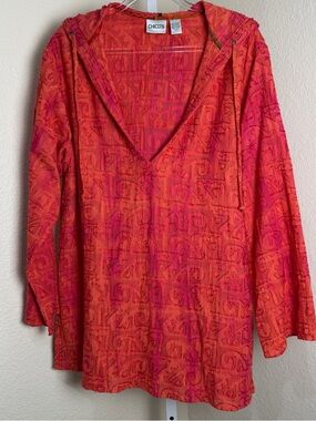 Chicos Hoodie Size 1  (M) Embroidered Long Sleeve Tunic Swim Cover 100% Cotton